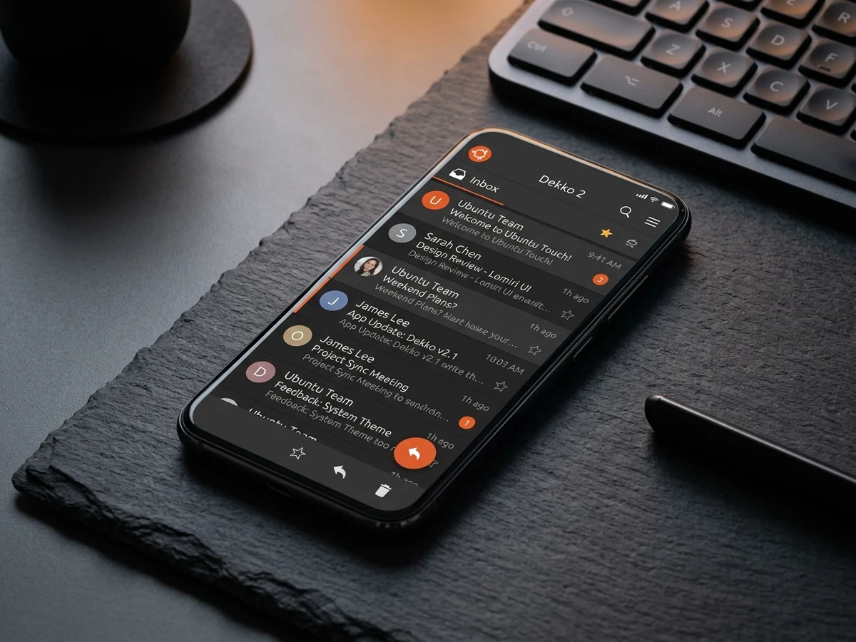 Dekko 2 convergent email client interface running on Ubuntu Touch phone