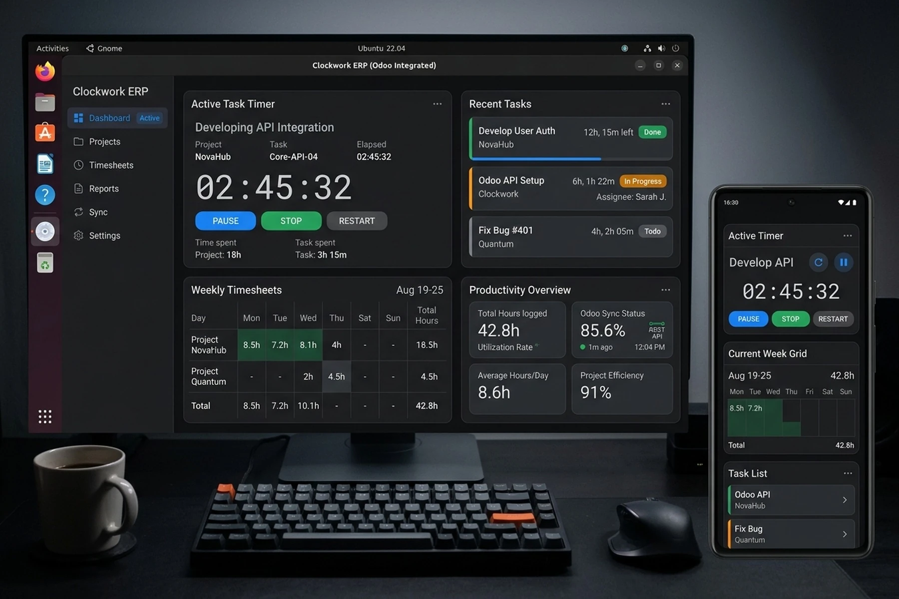 Enterprise Time Management timesheet tracking and Odoo ERP sync interface