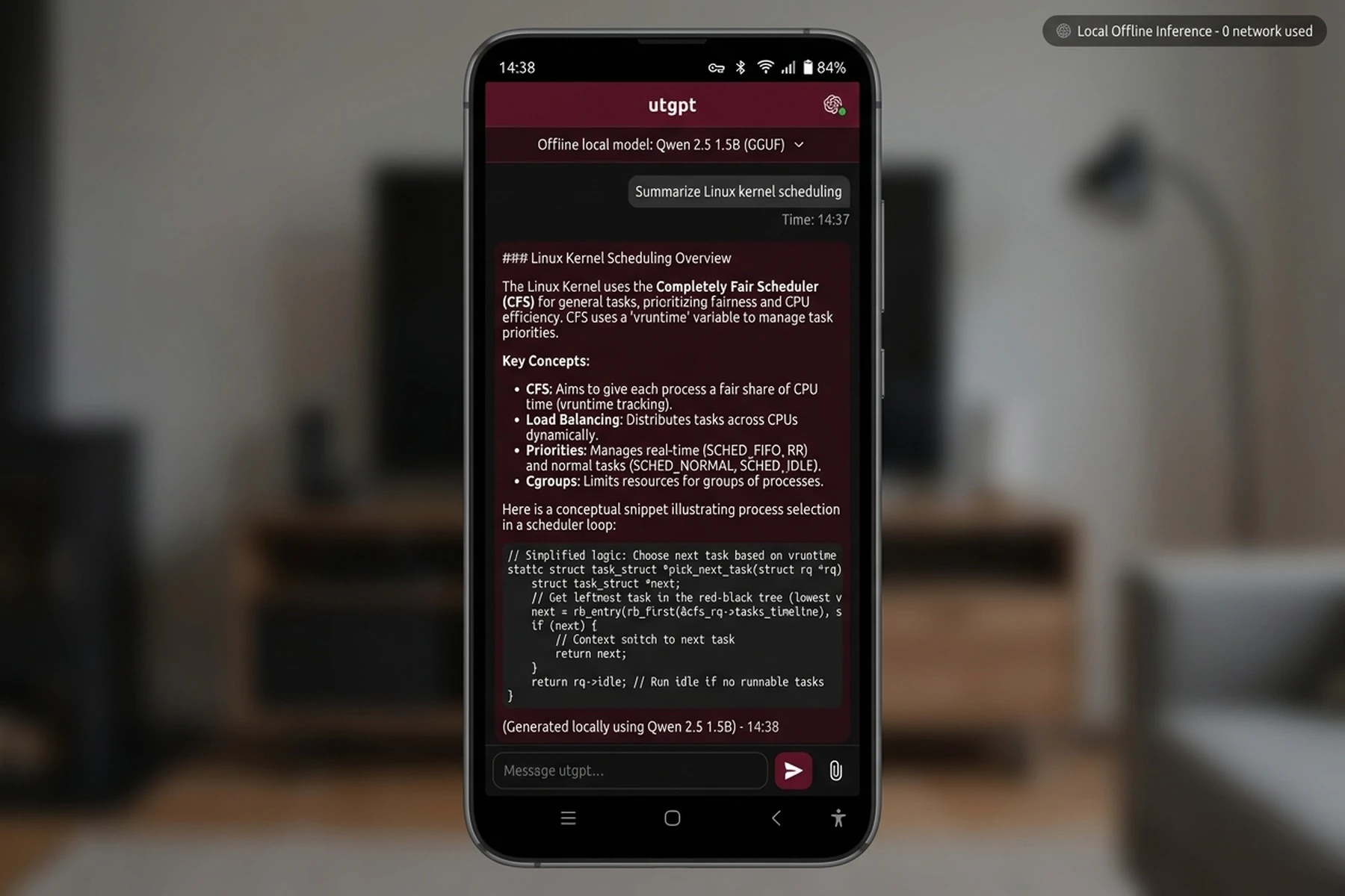 Offline on-device AI chat app running on Ubuntu Touch Lomiri