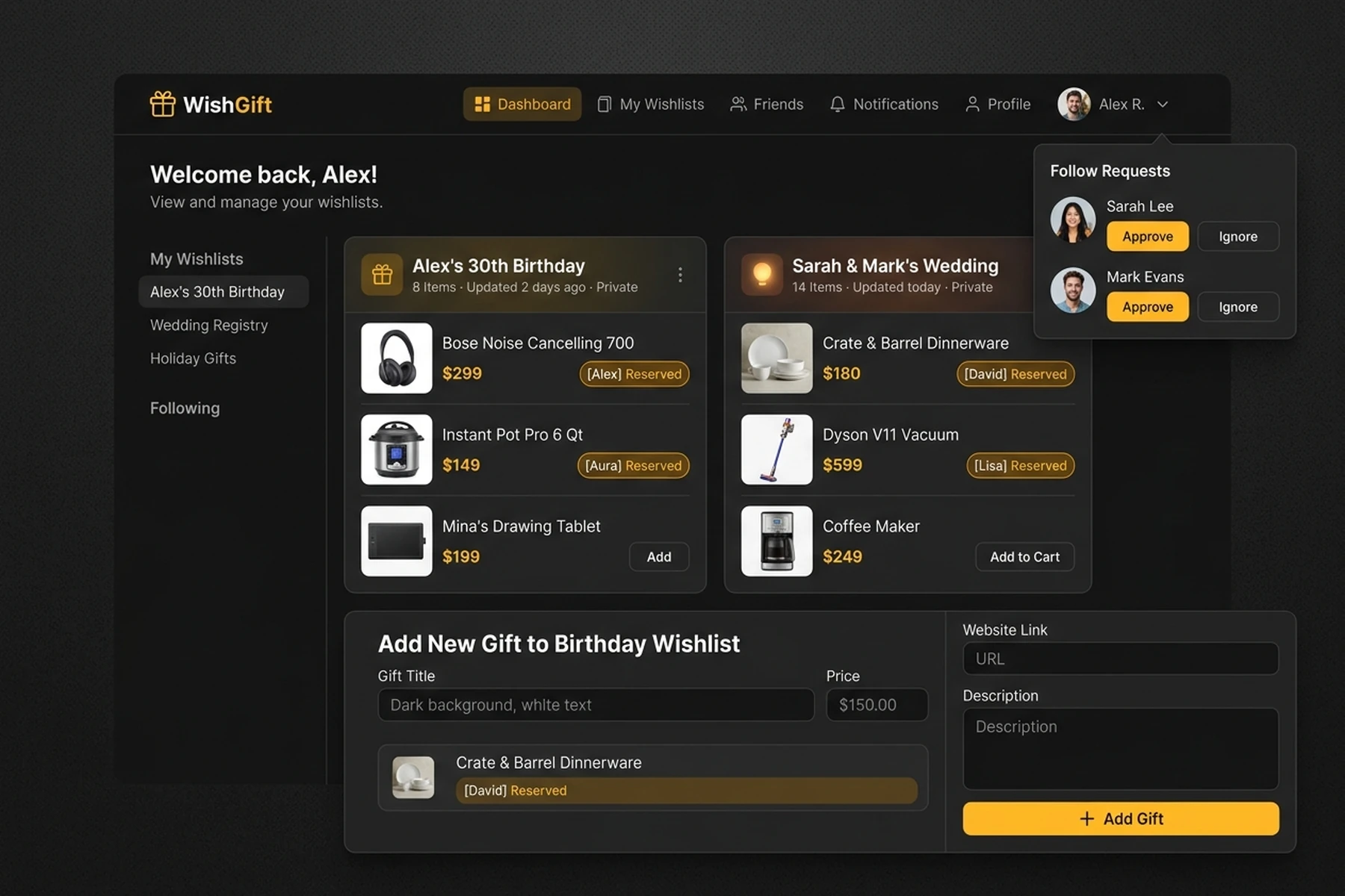 WishGift full-stack collaborative wishlist platform interface